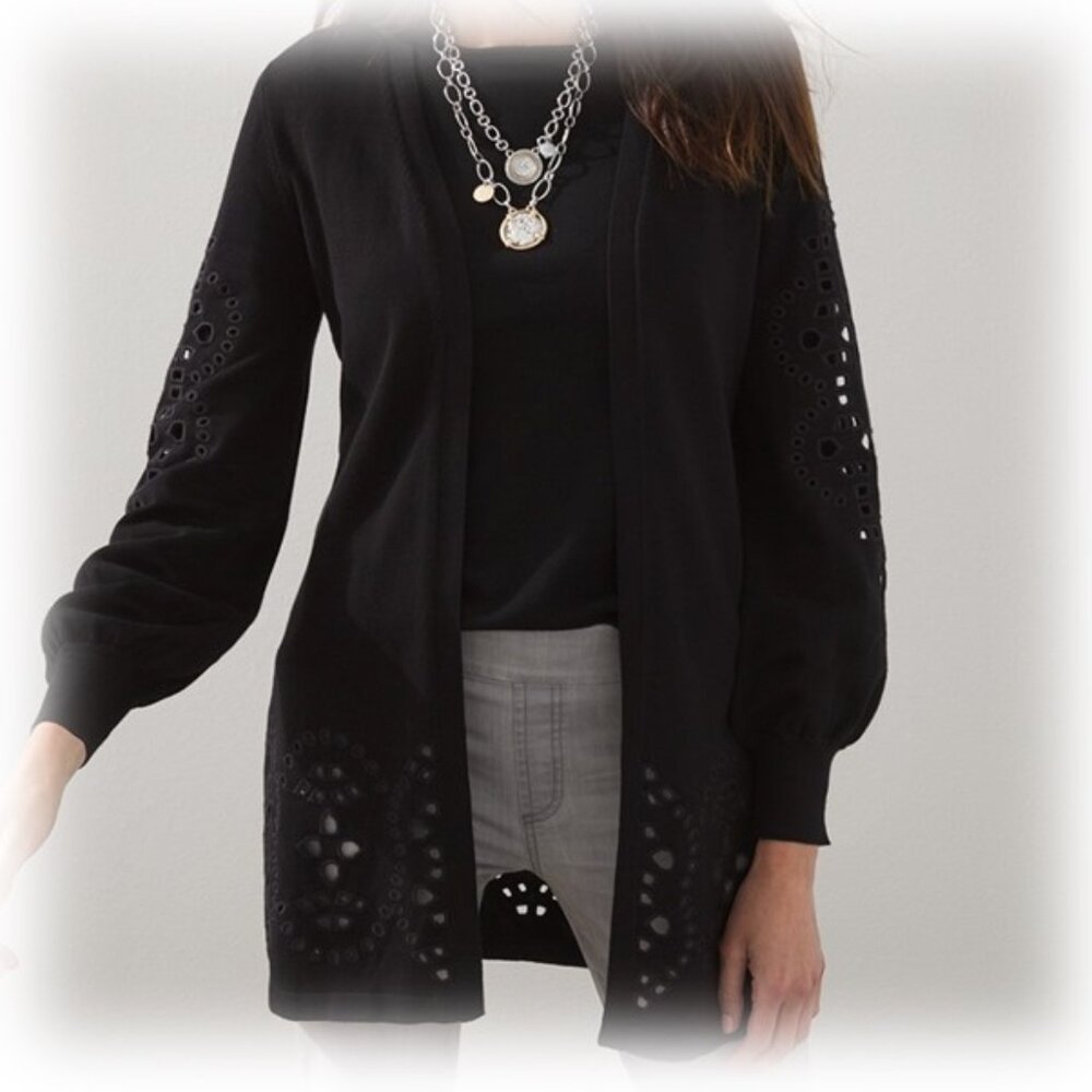 CHICO'S Black Knit Cutout Eyelet  Long Cardigan Size 3